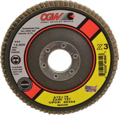 Camel Grinding Wheels - 60 Grit, 4-1/2" Disc Diam, 7/8" Center Hole, Type 27 Zirconia Alumina Flap Disc - 13,300 Max RPM, Poly Cotton Backing, Arbor Attaching System, Coated - Industrial Tool & Supply