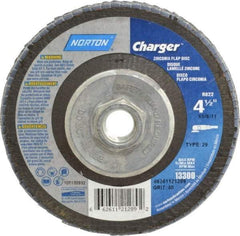 Norton - 40 Grit, 4-1/2" Disc Diam, 5/8-11 Center Hole, Type 29 Zirconia Alumina Flap Disc - 13,000 Max RPM, Fiberglass Backing, Arbor Attaching System, Coated - Industrial Tool & Supply