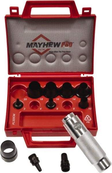 Mayhew - 11 Piece, 3 to 20mm, Hollow Punch Set - Round Shank, Alloy Steel, Comes in Plastic Case - Industrial Tool & Supply