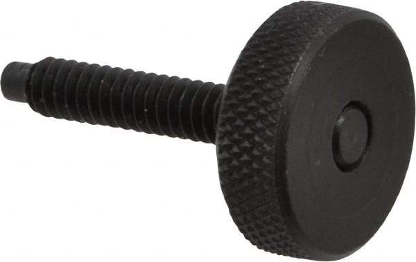 Gibraltar - #10-24 Knurled Shoulderless Dog Point Tip Grade 12L14 Steel Thumb Screw - 1-1/4" OAL, 3/4" Head Diam x 1/4" Head Height, Black Oxide Finish - Industrial Tool & Supply