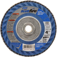 Norton - 36 Grit, 4-1/2" Disc Diam, 5/8-11 Center Hole, Type 27 Zirconia Alumina Flap Disc - 13,300 Max RPM, Cloth Backing, Arbor Attaching System, Coated - Industrial Tool & Supply