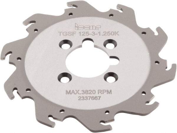 Iscar - Arbor Hole Connection, 0.118" Cutting Width, 1.36" Depth of Cut, 4.921" Cutter Diam, 1-1/4" Hole Diam, 10 Tooth Indexable Slotting Cutter - TGSF Toolholder, TAG N3\x85 Insert, Right Hand Cutting Direction - Industrial Tool & Supply