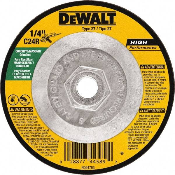 DeWALT - 24 Grit, 4-1/2" Wheel Diam, 1/8" Wheel Thickness, Type 27 Depressed Center Wheel - Silicon Carbide, Resinoid Bond, 13,300 Max RPM - Industrial Tool & Supply