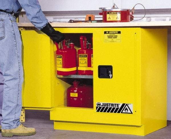 Justrite - 2 Door, 1 Shelf, Yellow Steel Under the Counter Safety Cabinet for Flammable and Combustible Liquids - 35" High x 35" Wide x 22" Deep, Manual Closing Door, 22 Gal Capacity - Industrial Tool & Supply