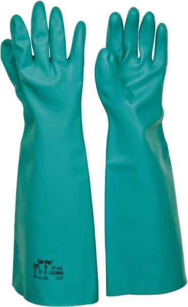 Ansell - Size L (9), 18" Long, 22 mil Thick, Nitrile Chemical Resistant Gloves - Textured Finish, Straight Cuff, ANSI Abrasion Level 5, ANSI Cut Level 0, Green, FDA Approved - Industrial Tool & Supply