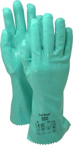 Ansell - Size S (7), 12" Long, 47 mil Thick, Supported, Nitrile Chemical Resistant Gloves - Textured Finish, Cotton Interlock Knit Lined, Gauntlet Cuff, ANSI Abrasion Level 4, ANSI Cut Level 1, Green, FDA Approved - Industrial Tool & Supply