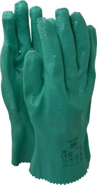 Ansell - Size XL (10), 12" Long, 47 mil Thick, Supported, Nitrile Chemical Resistant Gloves - Textured Finish, Cotton Interlock Knit Lined, Gauntlet Cuff, ANSI Abrasion Level 4, ANSI Cut Level 1, Green, FDA Approved - Industrial Tool & Supply