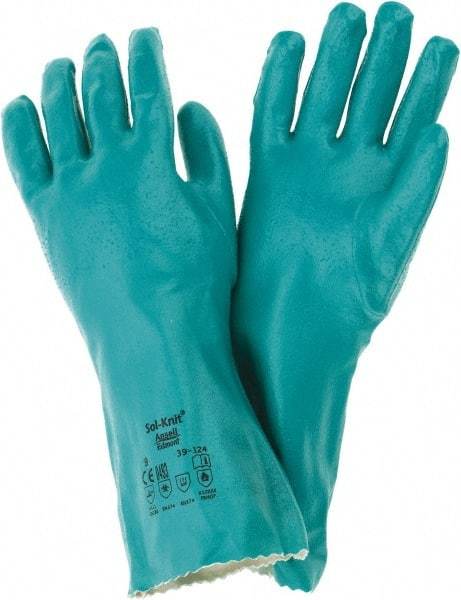 Ansell - Size L (9), 14" Long, 47 mil Thick, Supported, Nitrile Chemical Resistant Gloves - Textured Finish, Cotton Interlock Knit Lined, Gauntlet Cuff, ANSI Abrasion Level 4, ANSI Cut Level 1, Green, FDA Approved - Industrial Tool & Supply