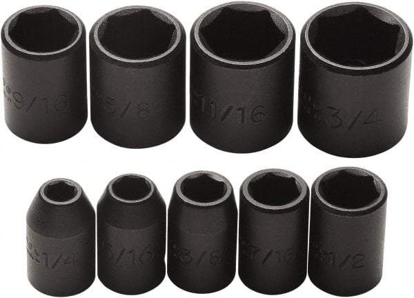 Proto - 9 Piece 3/8" Drive Impact Socket Set - 6 Points, 1/4" to 3/4" Range, Inch Measurement Standard - Industrial Tool & Supply