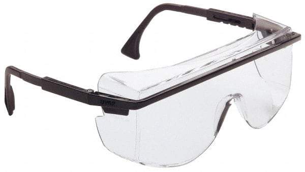 Uvex - Clear Lenses, Framed Safety Glasses - Anti-Fog, Scratch Resistant, Black Plastic Frame, Adjustable Temples, Size Universal, Over the Glasses - Industrial Tool & Supply