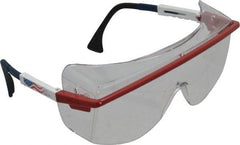 Uvex - Clear Lenses, Framed Safety Glasses - Anti-Fog, Scratch Resistant, Red/White/Blue Plastic Frame, Adjustable Temples, Size Universal, Over the Glasses - Industrial Tool & Supply