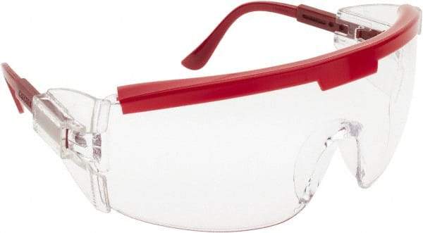 MCR Safety - Clear Lenses, Framed Safety Glasses - Scratch Resistant, Red Plastic Frame, Adjustable Temples, Size Universal, Wrap Around - Industrial Tool & Supply