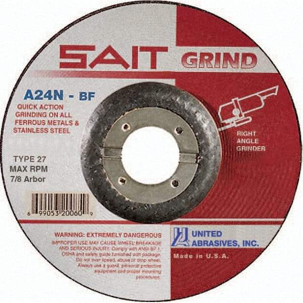 Sait - 24 Grit, 4-1/2" Wheel Diam, 3/16" Wheel Thickness, 7/8" Arbor Hole, Type 27 Depressed Center Wheel - Aluminum Oxide, Resinoid Bond, N Hardness, 13,300 Max RPM, Compatible with Angle Grinder - Industrial Tool & Supply