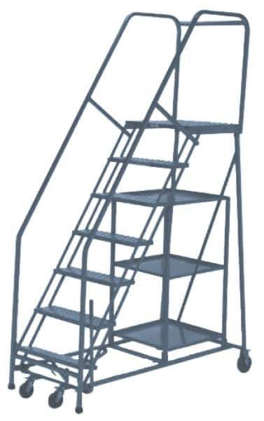 PW Platforms - 7 Step Ladder - Rolling Safety Stock Picking Ladder, 300 Lb Capacity, 70" Platform Height, 32" Base Width x 62" Base Depth, Perforated Tread - Industrial Tool & Supply
