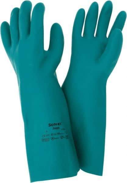Ansell - Size L (9), 15" Long, 22 mil Thick, Nitrile Chemical Resistant Gloves - Textured Finish, Straight Cuff, ANSI Abrasion Level 5, ANSI Cut Level 0, Green, FDA Approved - Industrial Tool & Supply