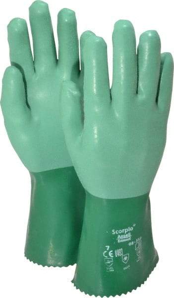 Ansell - Size S (7), 12" Long, 55 mil Thick, Supported, Neoprene Chemical Resistant Gloves - Textured Finish, Cotton Interlock Knit Lined, Gauntlet Cuff, ANSI Abrasion Level 3, ANSI Cut Level 1, Green - Industrial Tool & Supply