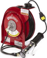 Reelcraft - 16 AWG, 50' Cable Length, Cord & Cable Reel with LED Light End - 1 Outlet, NEMA 5-15R, 13 Amps, 125 Volts, SJTOW Cable, Red Reel, Spring Driven Reel - Industrial Tool & Supply