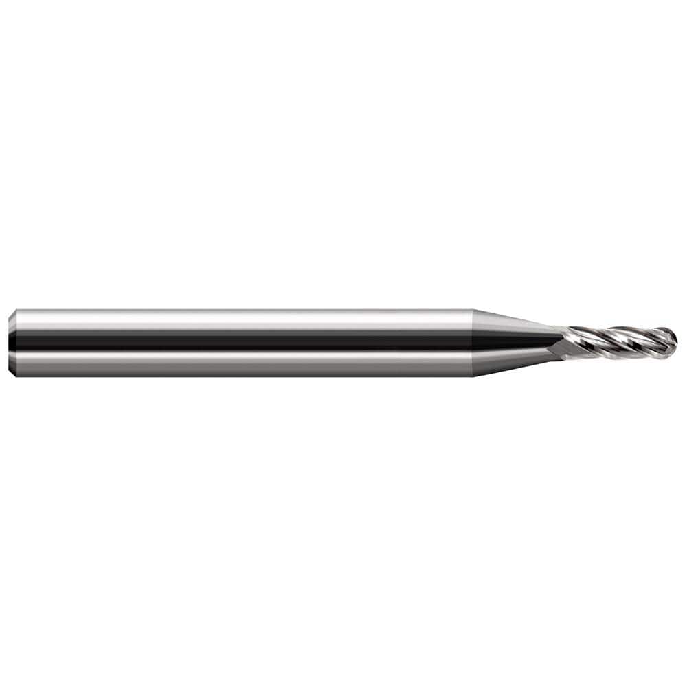 Ball End Mill: 0.026″ Dia, 0.078″ LOC, 2 Flute, Solid Carbide 1-1/2″ OAL, 1/8″ Shank Dia, 30 ° Helix, Uncoated, Single End