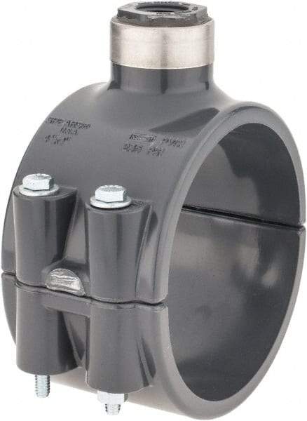 Value Collection - 4 x 1/2" PVC Plastic Pipe Clamp On Saddle with Viton O-Ring - Schedule 80, Pipe O.D. x SR Fipt End Connections - Industrial Tool & Supply