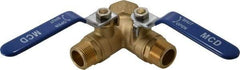Midwest Control - 3/4 x 1" Pipe, Standard Port, Brass Standard Ball Valve - 2 Piece, Three Way, FNPT x MNPT x MNPT Ends, Lever Handle, 600 WOG, 150 WSP - Industrial Tool & Supply