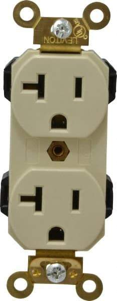 Leviton - 125 VAC, 20 Amp, 5-20R NEMA Configuration, Ivory, Industrial Grade, Self Grounding Duplex Receptacle - 1 Phase, 2 Poles, 3 Wire, Flush Mount, Impact and Tamper Resistant - Industrial Tool & Supply
