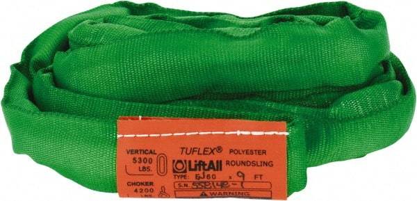 Lift-All - 9' Long x 1-3/8" Wide, Polyester Web Sling - 4,200 Lb Choker Capacity, 7/8" Diam Chain, Green - Industrial Tool & Supply