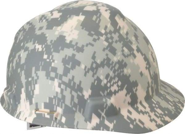 MSA - ANSI Type I, Class E Rated, 4-Point, Ratchet Adjustment Hard Hat - Size 7 to 8-1/2, Standard Brim, Camouflage - Industrial Tool & Supply
