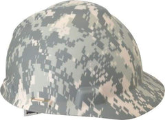 MSA - ANSI Type I, Class E Rated, 4-Point, Ratchet Adjustment Hard Hat - Size 7 to 8-1/2, Standard Brim, Camouflage - Industrial Tool & Supply