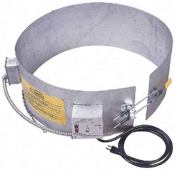 Made in USA - 9-1/4" Wide, 5 Gallon Wrap-Around Drum Heater - 120 Volt, to 800 Watts, 0.9 Amps, 0°F to 165°F Thermostat Rating - Industrial Tool & Supply