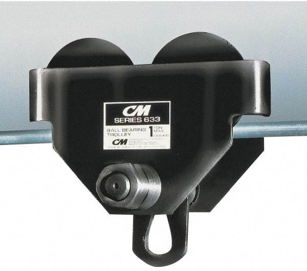 CM - 1/2 Ton Capacity Wide Range Ball Bearing Trolley - 2-1/2" to 5-5/8" Flange Width, 29/32" Wheel Diam, 3" to 15" I-Beam, 35" Min Radius - Industrial Tool & Supply