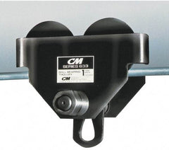 CM - 1 Ton Capacity Wide Range Ball Bearing Trolley - 3" to 8" Flange Width, 3-15/32" Wheel Diam, 5" to 24" I-Beam, 35" Min Radius - Industrial Tool & Supply