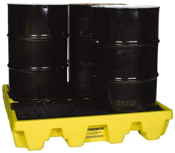 Eagle - 66 Gal Sump, 8,000 Lb Capacity, 4 Drum, Polyethylene Spill Deck or Pallet - 51-1/2" Long x 51-1/2" Wide x 8" High, Yellow, Liftable Fork, Drain Included, Low Profile, Vertical, 2 x 2 Drum Configuration - Industrial Tool & Supply