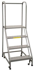 PW Platforms - 4 Step Ladder - Rolling Safety Ladder, 300 Lb Capacity, 40" Platform Height, 20" Base Width x 34" Base Depth, Perforated Tread - Industrial Tool & Supply