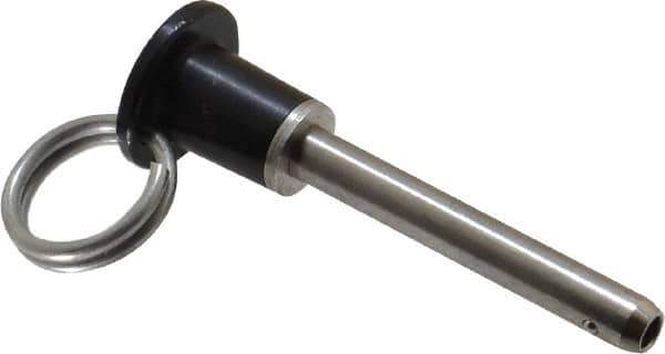 Jergens - 1/4" Diam, 1-1/2" Usable Length, Button Handle, Push Button Quick Release Pin - 2-3/4" Overall Length, Grade 17-4 Stainless Steel, Passivated Finish - Industrial Tool & Supply