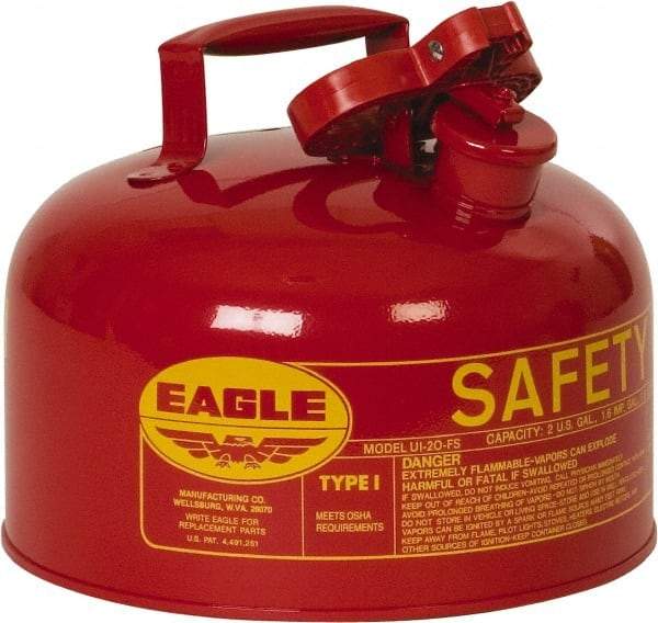 Eagle - 2 Gal Galvanized Steel Type I Safety Can - 9-1/2" High x 11-1/4" Diam, Red with Yellow - Industrial Tool & Supply