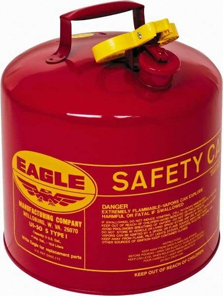 Eagle - 5 Gal Galvanized Steel Type I Safety Can - 13-1/2" High x 12-1/2" Diam, Red with Yellow - Industrial Tool & Supply