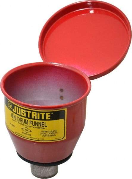 Justrite - 4-1/2" High x 4-1/2" Diam, Galvanized Steel, Manual Closing Pail Funnel with Flame Arrester - 1" Arrester/Tube Length, 5 Gal Drum/Pail Capacity - Industrial Tool & Supply