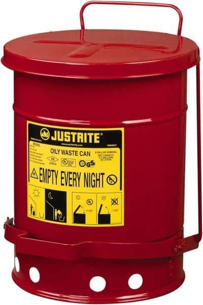 Justrite - 6 Gallon Capacity, Galvanized Steel Disposal Can - 11-7/8 Inch Wide/Diameter x 15-7/8 Inch High, Red, Foot Operated, Approved FM and UL - Industrial Tool & Supply