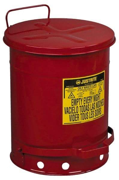 Justrite - 10 Gallon Capacity, Galvanized Steel Disposal Can - 13-15/16 Inch Wide/Diameter x 18-1/4 Inch High, Red, Foot Operated, Approved FM and UL - Industrial Tool & Supply