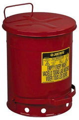 Justrite - 10 Gallon Capacity, Galvanized Steel Disposal Can - 13-15/16 Inch Wide/Diameter x 18-1/4 Inch High, Red, Foot Operated, Approved FM and UL - Industrial Tool & Supply