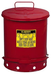 Justrite - 14 Gallon Capacity, Galvanized Steel Disposal Can - 16-1/16 Inch Wide/Diameter x 20-1/4 Inch High, Red, Foot Operated, Approved FM and UL - Industrial Tool & Supply