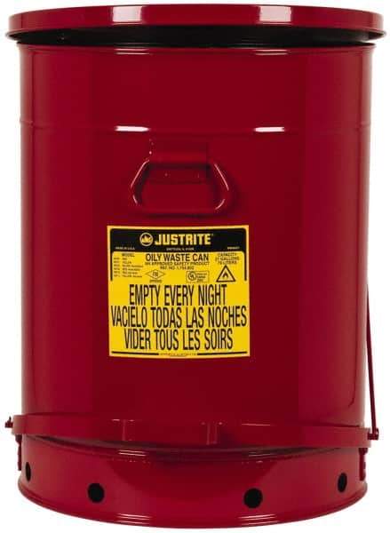Justrite - 21 Gallon Capacity, Galvanized Steel Disposal Can - 18-3/8 Inch Wide/Diameter x 23-7/16 Inch High, Red, Foot Operated, Approved FM and UL - Industrial Tool & Supply