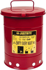 Justrite - 6 Gallon Capacity, Galvanized Steel Disposal Can - 11-7/8 Inch Wide/Diameter x 15-7/8 Inch High, Red, Hand Operated, Approved FM and UL - Industrial Tool & Supply