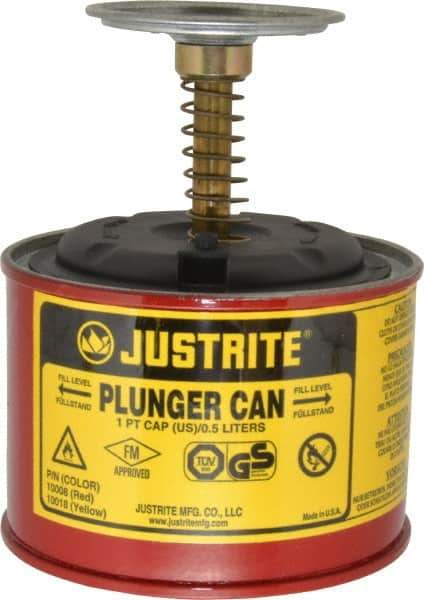 Justrite - 1 Pint Capacity, 5-1/4 Inch High x 4-7/8 Inch Diameter, Steel Plunger Can - 2-3/4 Inch Dasher Diameter, Red, Approval Listing/Regulation FM - Industrial Tool & Supply