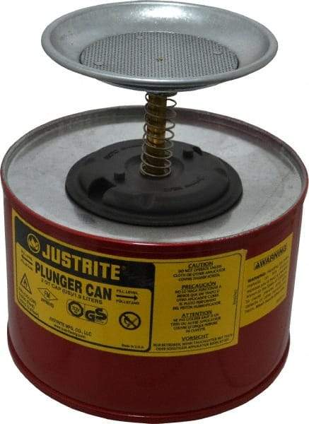 Justrite - 2 Quart Capacity, 7-3/8 Inch High x 7-1/4 Inch Diameter, Steel Plunger Can - 5 Inch Dasher Diameter, Red, Approval Listing/Regulation FM - Industrial Tool & Supply