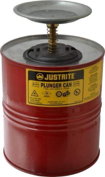 Justrite - 4 Quart Capacity, 10-1/2 Inch High x 7-1/4 Inch Diameter, Steel Plunger Can - 5 Inch Dasher Diameter, Red, Approval Listing/Regulation FM - Industrial Tool & Supply