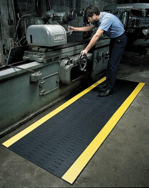 Wearwell - 30' Long x 3' Wide, Dry/Wet Environment, Anti-Fatigue Matting - Black with Yellow Borders, Vinyl with Vinyl Base, Beveled on 4 Sides - Industrial Tool & Supply