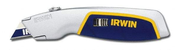 Irwin - Retractable Utility Knife - Silver & Blue Plastic Handle, 3 Blades Included - Industrial Tool & Supply