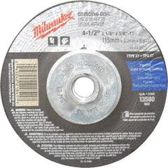 Milwaukee Tool - 30 Grit, 4-1/2" Wheel Diam, 1/8" Wheel Thickness, Type 27 Depressed Center Wheel - Aluminum Oxide, Resinoid Bond, S Hardness, 13,580 Max RPM, Compatible with Angle Grinder - Industrial Tool & Supply