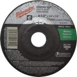 Milwaukee Tool - 24 Grit, 4-1/2" Wheel Diam, 1/4" Wheel Thickness, 7/8" Arbor Hole, Type 27 Depressed Center Wheel - Silicon Carbide, Resinoid Bond, T Hardness, 13,580 Max RPM, Compatible with Angle Grinder - Industrial Tool & Supply